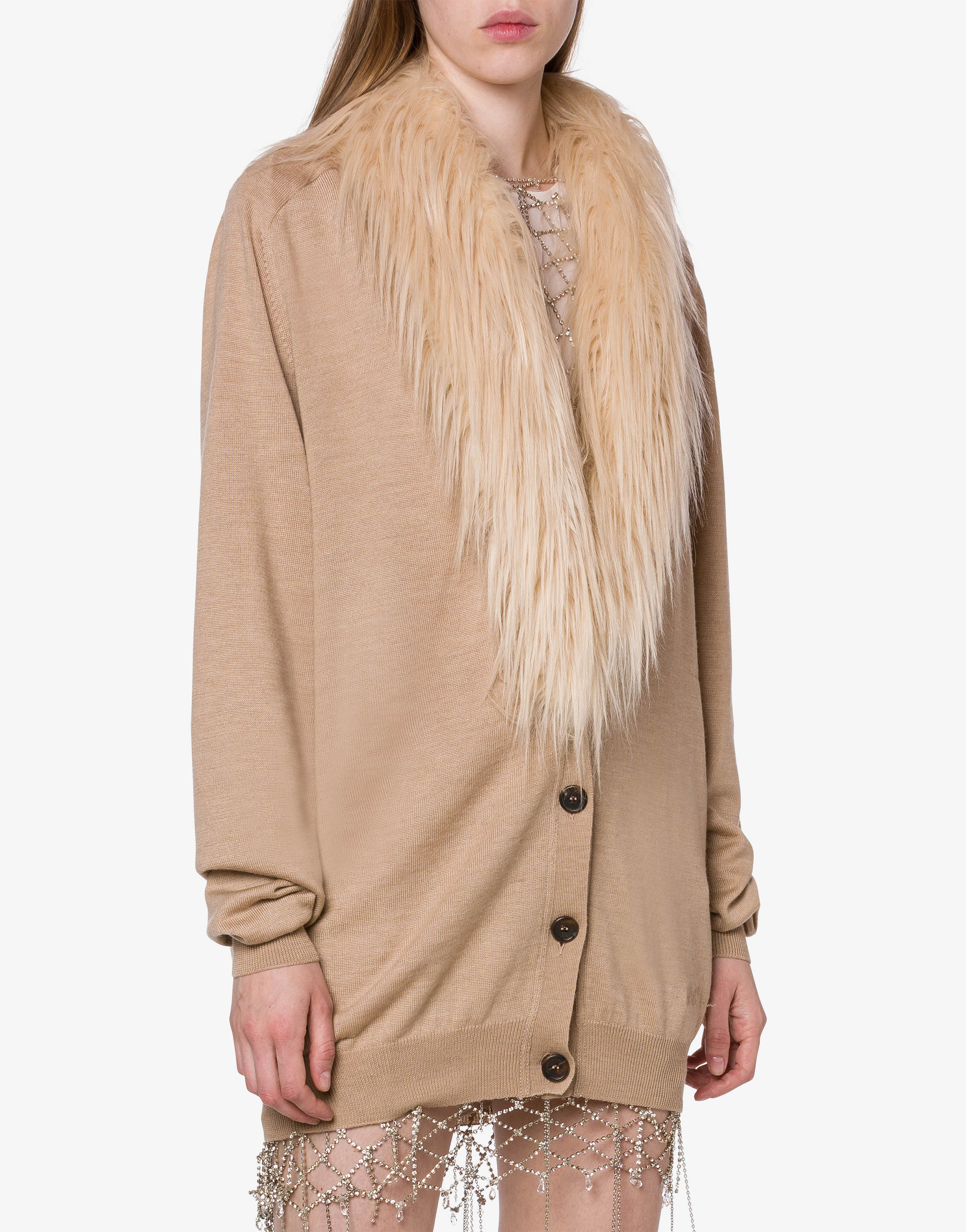 Furry-effect silk and wool collar cardigan