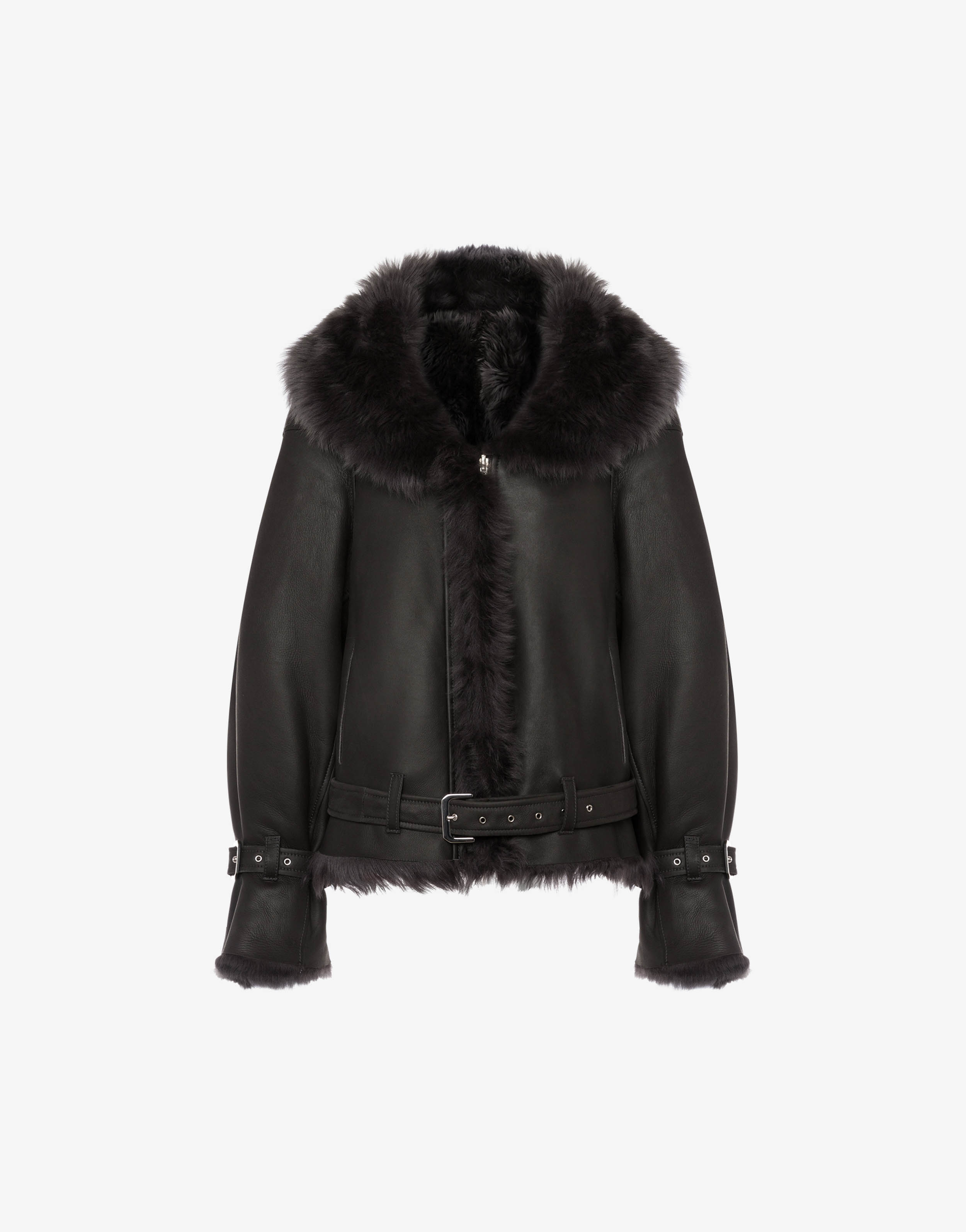 Sheepskin coat with nappa leather straps