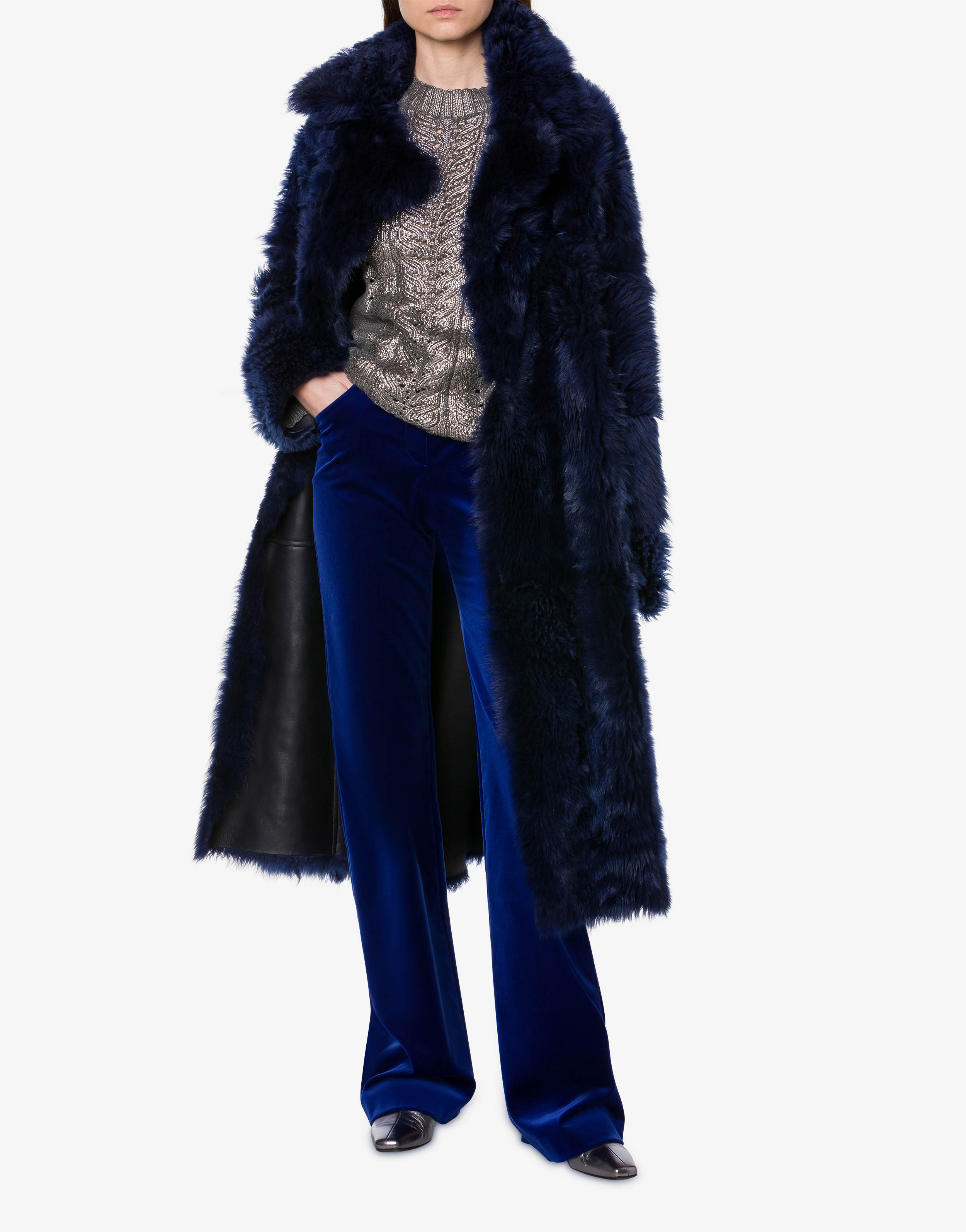 Reversible sheepskin coat with belt